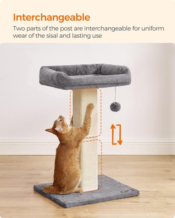 Feandrea Cat Scratching Post, 27.9-Inch Cat Scratcher with 15.7 x 11.8 Inches Plush Perch, Tall Scratch Post with Woven Sisal, Pompom, Removable Washable Cover, Light Gray UPCA022W01 - Image 4