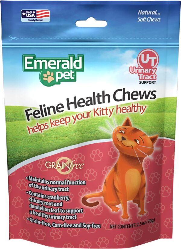 Emerald Pet Feline Health Chews UT Support — Natural Grain Free Urinary Tract Health Cat Chews — Cat Urinary Supplements with Cranberry, Chicory Root, and Dandelion Leaf Extract — Made in USA, 2.5 oz