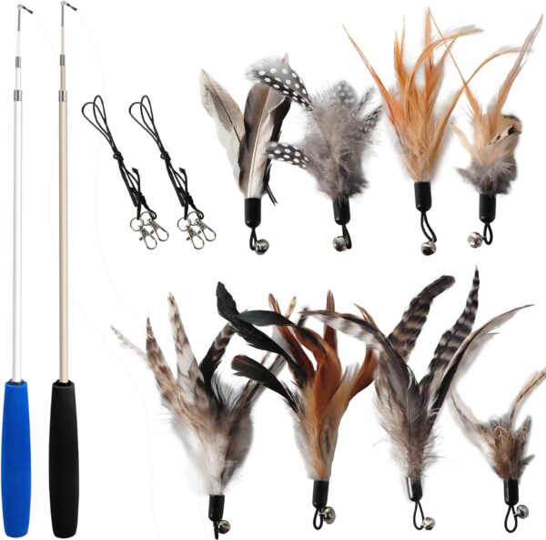 Cat Toys - No Chemical Dyeing Cat Feather Toys for Indoor Cats - Include Cat Wand and Natural Feather Refills