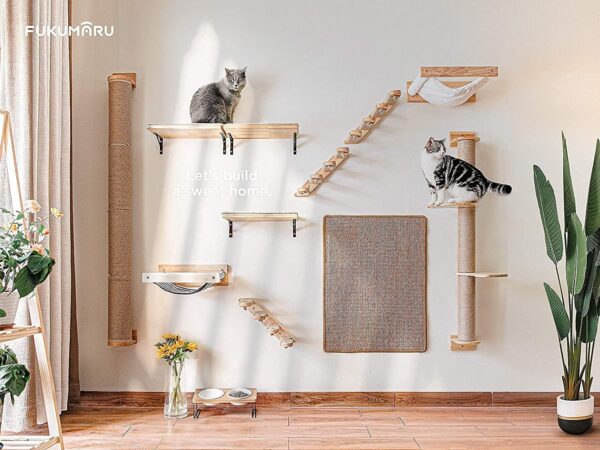 FUKUMARU Cat Activity Tree with Scratching Posts, Wall Mounted Jute Scratcher Pine Hammock - Image 5