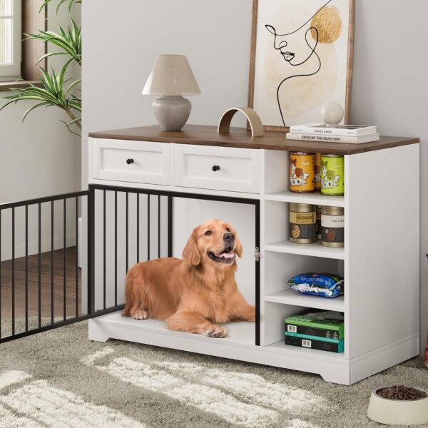 Dog Crate Furniture 47”, Large Dog Crate with 2 Drawers and 4 Shelves, Wooden Heavy Duty Dog Crate, Decorative Dog Indoor Kennel Furniture Indoor with Storage, White - Image 6