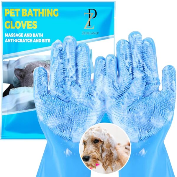 Pet Grooming Gloves, Dog Washing Gloves with High-Density Teeth, Silicone Dog Bathing Gloves with Enhanced Five Finger Design, Bathing and Massaging for Dogs and Cats (Blue)