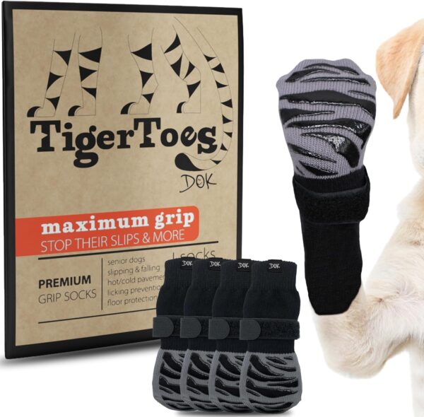 DOK TigerToes Premium Non-Slip Dog Socks for Hardwood Floors - Extra-Thick Grip That Works Even When Twisted - Prevents Licking, Slipping, and Great for Dog Paw Protection - Size Large