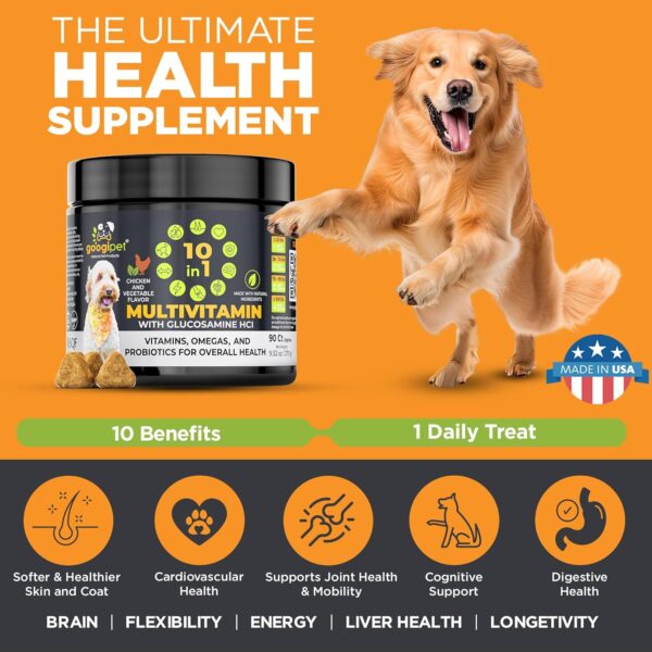 Googipet Premium 10 in 1 Dog Vitamins Multivitamin Chewable w/Dog Probiotics for Gut Health, Dog Vitamins and Supplements w/Vitamin C & Glucosamine for Joint Support (Chicken & Vegetable Flavor) - Image 2