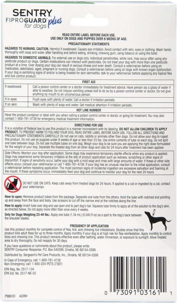 SENTRY PET CARE SENTRY Fiproguard Plus for Dogs, Flea and Tick Prevention for Dogs (23-44 Pounds), Includes 3 Month Supply of Topical Flea Treatments - Image 7