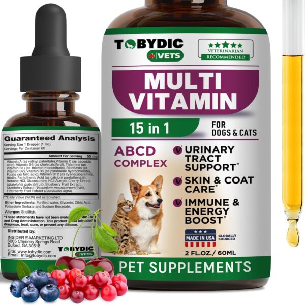 Cat & Dog Multivitamin -15 in 1 Pet Supplements with Cranberry & Glucosamine - Natural Medicine & Support for UTI, Urinary Tract, Bladder, Kidney, Skin Coat, Joints Treatment Made in USA