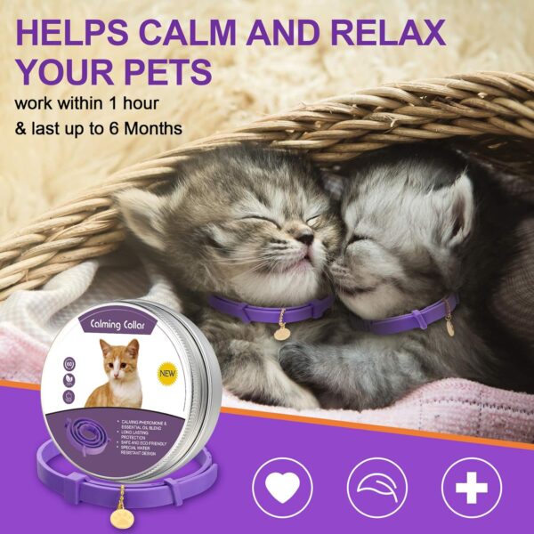 4 Pcs Calming Cats Collar Adjustable Cat Calm Collar Lavender Scent Relaxing Cat Collar with 2 Pendant for Puppies Cats Reduce Stress Aggression Anxious, up to 15 Inches (Purple, Gold) - Image 2