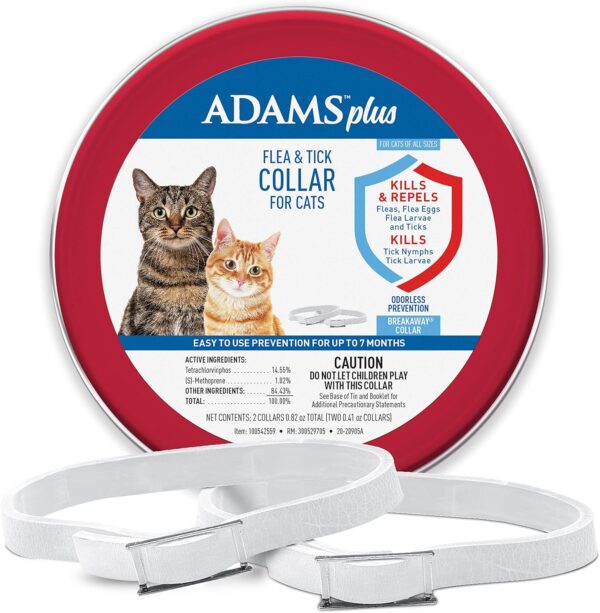 Adams Plus Flea & Tick Collar for Cats | Breakaway Collar | 2pk | 7 Months Protection | Kills & Repels Fleas, Flea Eggs, Flea Larvae and Kills Ticks, Nymphs, and Tick Larvae, White