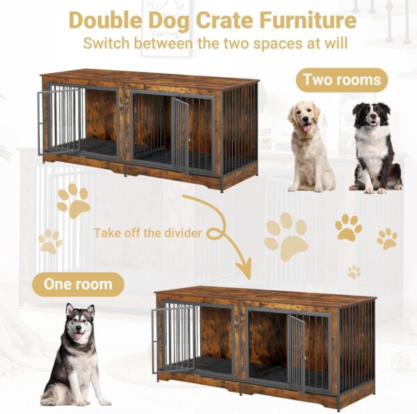 75'' Double Dog Crate Furniture for 2 Large Dogs, Heavy Duty Dog Crate, Furniture Style Dog Crate End Table, Wood Crates for Dogs Kennel Indoor, Decorative Dog Crate with Double Door, Brown - Image 3