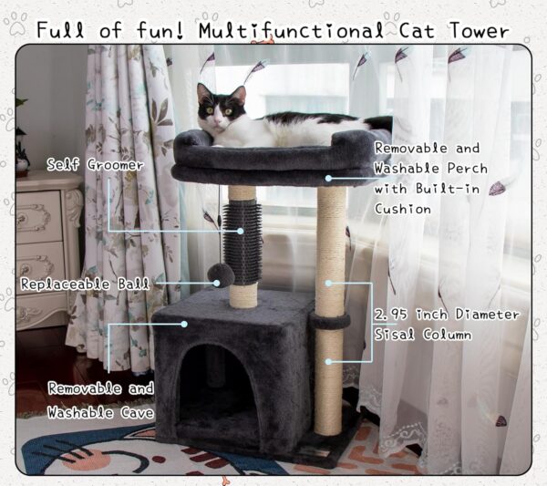 Small Cat Tree Tower,Cat Scratching Post for Indoor Cats,Featuring with Cat Cave and Cozy Perch,Cat Self Groomer and Interactive Dangling Ball Great for Kittens and Cats 26.8" (Smoky Gray) - Image 2