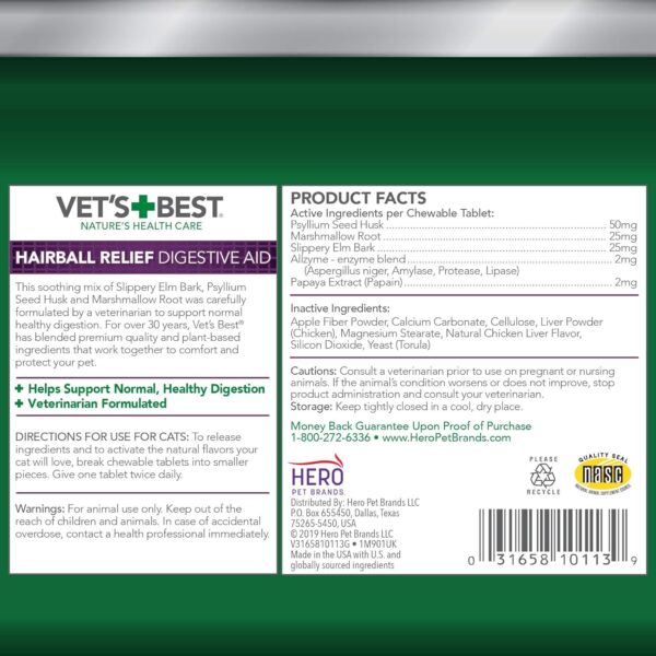 Vet’S Best Cat Hairball Relief Digestive Aid | Vet Formulated Hairball Support Remedy | Classic Chicken Flavor | 60 Chewable Tablets - Image 6