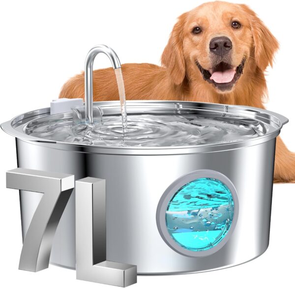 Dog Water Fountain for Large Dogs: 1.8Gal/7L Stainless Steel Pet Drink Dispenser - Automatic Filtered Puppy Metal Bowl - Quiet Animal Watering Machine Indoor - Auto Big Cat&Kitty Waterer Fountains