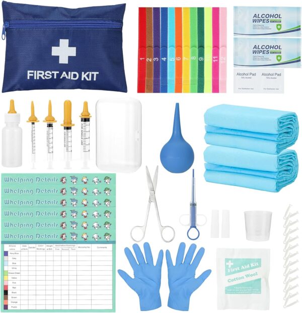 The 47 Pcs Puppy Whelping Kit Includes 4 Puppy Feeding Tubes, 6 Record-Keeping Charts, 12 Puppy Whelping collars, 12 Cord Clamps, 2 Urine Pads, Gloves, Bulb Aspirator, Bottle, Scissors Bag Etc.