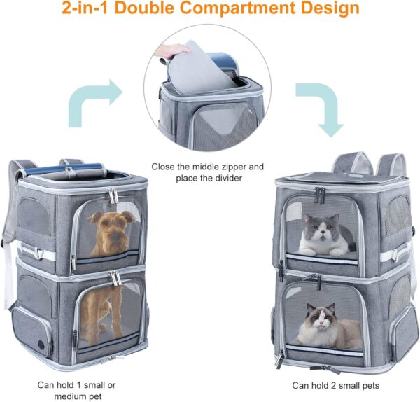 Double Cat Carrier for 2 Cats,Dog Backpack Carrier for Medium Dogs,Double Compartment Pet Carrier Backpack for Dual Pets,for Outdoor Traveling/Stroll and Picnic - Image 3