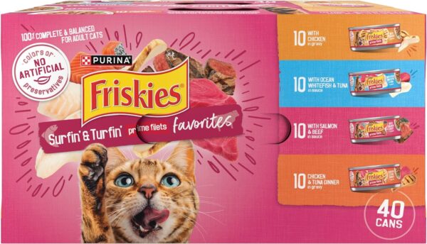 Purina Friskies Wet Cat Food Variety Pack, Surfin' & Turfin' Prime Filets Favorites - (Pack of 40) 5.5 oz. Cans