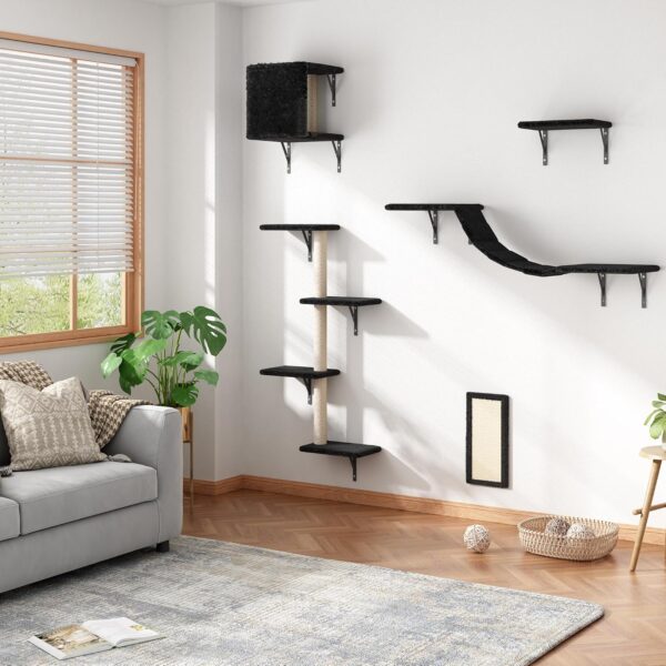 COZIWOW Cat Wall Shelves, Wall-Mounted Cat Climber Set of 5, Floating Cat Perches, Hanging Cat Beds, Modern Cat Furniture for Large Cats or Kitty (Black)