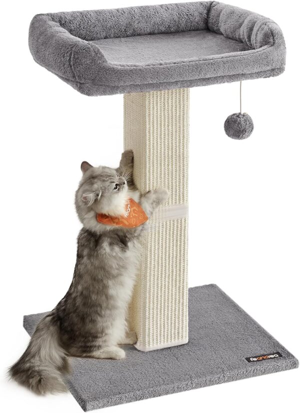 Feandrea Cat Scratching Post, 27.9-Inch Cat Scratcher with 15.7 x 11.8 Inches Plush Perch, Tall Scratch Post with Woven Sisal, Pompom, Removable Washable Cover, Light Gray UPCA022W01