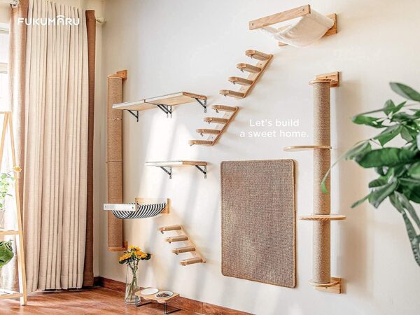 FUKUMARU Cat Activity Tree with Scratching Posts, Wall Mounted Jute Scratcher Pine Hammock - Image 7