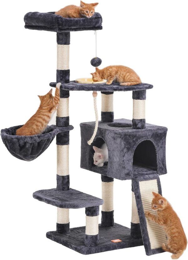 Heybly Cat Tree, Cat Tower for Indoor Cats with Scratching Board, Multi-Level Cat Furniture Condo with Feeding Bowl Smoky Gray HCT010G