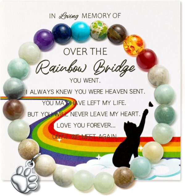 Rainbow Bridge Cat Bracelets Memorial Gifts, Pet Bracelet with Cat Paw Charm Remembrance Cards Colorful Bracelet Cats Memorial Gift Loss of Pet Sympathy Jewelry Gifts for Cat Lovers Friends