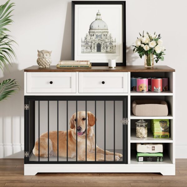 Dog Crate Furniture 47”, Large Dog Crate with 2 Drawers and 4 Shelves, Wooden Heavy Duty Dog Crate, Decorative Dog Indoor Kennel Furniture Indoor with Storage, White