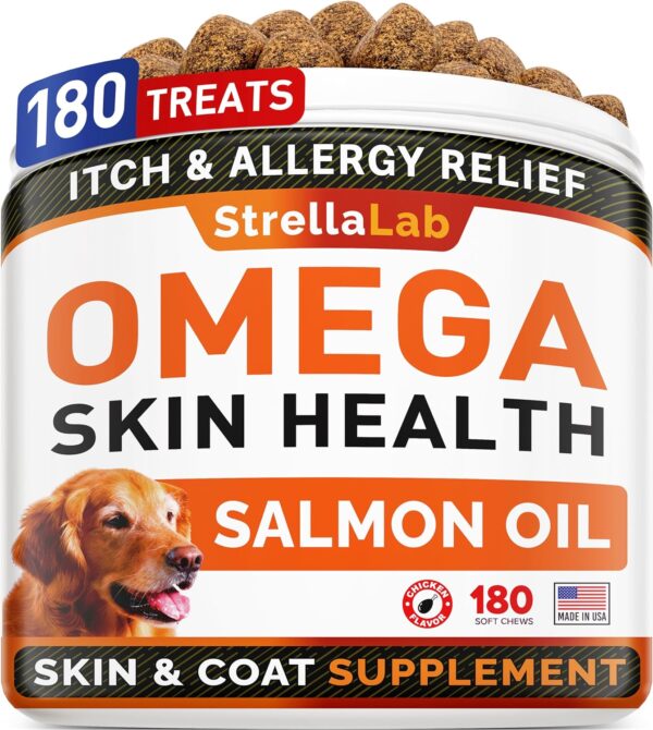 StrellaLab Omega 3 for Dogs - (180Ct) Fish Oil Treats - Allergy & Itch Relief Skin&Coat Supplement - Dry Itchy Skin, Shedding, Hot Spots Treatment, Anti Itch - Pet Salmon Oil Chews - Chicken Flavor