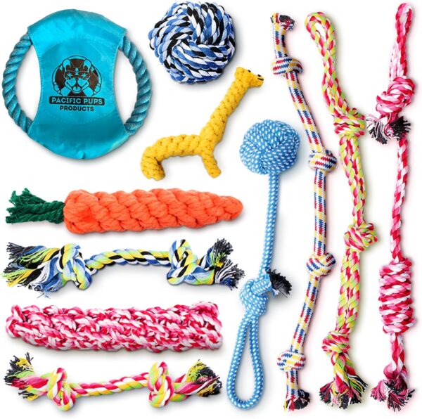 Pacific Pups Products Dog Rope Toys - Dog Rope Dog Toys for Aggressive Chewers, 11 Heavy Duty Dog Ropes for Aggressive Chewers, Cotton Rope Dog Toys Pack, Benefits Non-Profit Dog Rescue Dog Tug Ropes