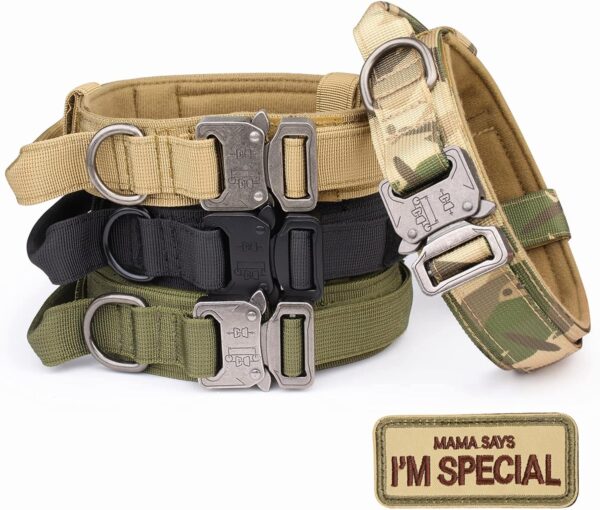 Tactical Dog Collar - KCUCOP Military Dog Collar with Mama Says I m Special Patch Thick with Handle K9 Collar Tactipup Dog Collars Adjustable Heavy Duty Metal Buckle for Medium and Large Dogs(Black-L)