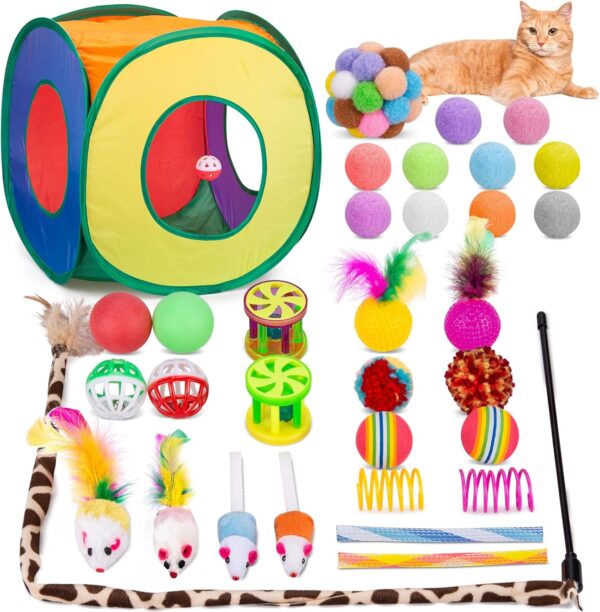 Retro Shaw Cat Toys Set 33 PCS, Interactive Cat Kitten Toys for Indoor Cats Kitty with Collapsible Cat Play Tunnel Tube Tent Cat Feather Wand Teaser Cat Bell Fuzzy Ball Springs Mouse Toys