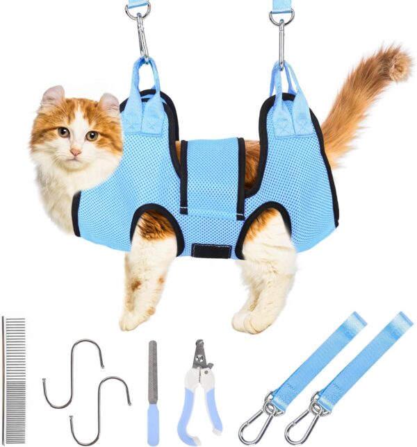 Cat Grooming Hammock for Nail Trimming Pet Hammock for Small Dogs with Security Strap Dog Sling for Nail Clipping with Clippers Nail File and Pet Comb (Cerulean XS)