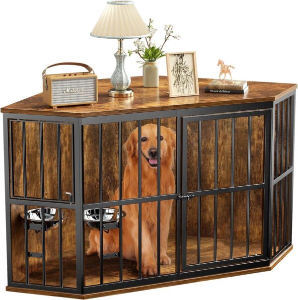 ROOMTEC 53 inch Furniture Dog Crate Corner, Dog Kennel Corner Wooden End Table with Bowl, Indoor Pet Crates Corner Side Table for Dogs, Wide Top Perfect for Limited Room - Image 4