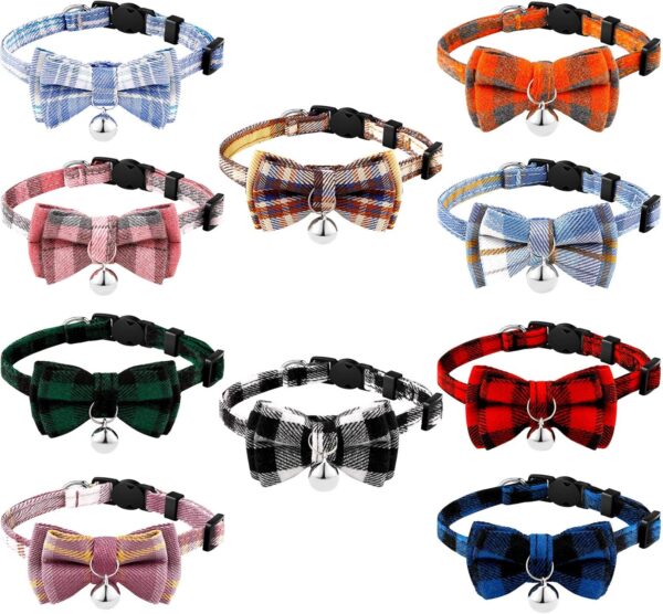 Weewooday 10 Pcs Breakaway Cat Collar with Bow Tie and Bell, Kitten Collar for Cat, Adjustable Cute Plaid Safety Kitty Collars for Girl Boy Cats Birthday Pet Party Supplies