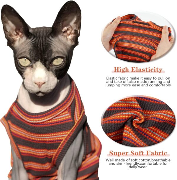 Sphynx Hairless Cats Shirt Puppy Clothes Soft Cotton T-Shirts Cute Cats Pajamas Cat Stripes Vest Pet Clothes, Round Collar Vest Kitten Shirts(Red Stripes, S) - Image 4