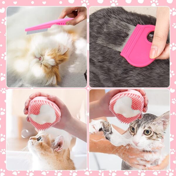 8 Pcs Cat Brush Grooming Kits, Pet Self Cleaning Kit with Pet Nail Clipper and File, Flea Comb, Pet Shampoo Bath Brush, Pet Shedding Brush, Silicone Toothbrush (Pink) - Image 4