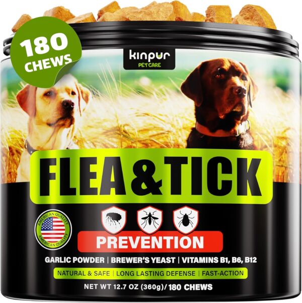 Flea and Tick Prevention Chewable for Dogs - No Collars, No Mess - Easy Help with Flea and Tick for Dogs - American Quality - for All Breeds and Ages - Duck-Flavored Treats - 180 Flea Chews for Dogs