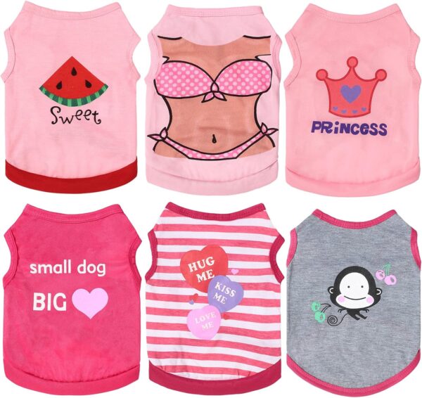 6 Pieces Dog Shirt Puppy Sweatshirt Pet Sleeveless Vest Girl Dog Clothes Doggy Female Apparel for Small to Medium Dogs Puppy Cat (Cute Patterns,XS Size)