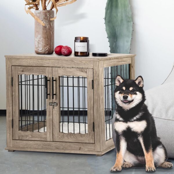 Dog Crate Furniture with Bed, Wooden Dog Kennel Furniture End Table Dog Crate with 3 Doors, Indoor Solid Wood Dog Cage