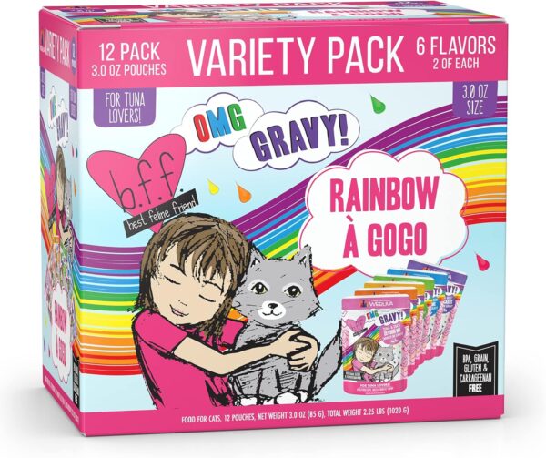 Weruva B.F.F. OMG - Best Feline Friend Oh My Gravy!, Rainbow A Gogo Variety Pack! Cat Food, 3oz Pouch (Pack of 12)