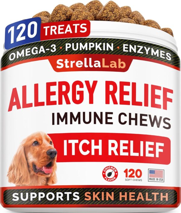 StrellaLab Dog Allergy Relief & Anti Itch Support Chews w/Omega 3: Real Ingredients, Real Taste! Skin & Coat Immune Supplement w/Fish Oil, Pumpkin & Enzymes — Developed by Experts - Made in USA -120Ct