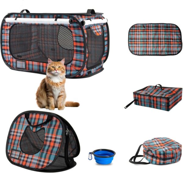 Portable Cat House Sets,Large Pop up Kennel Soft Pet Crates with Cat Carrier,Included Foldable Travel Little Box,Pet Mattress,Food Bowl,4 Stakes and Carrybag (BLACK&ORANGE)