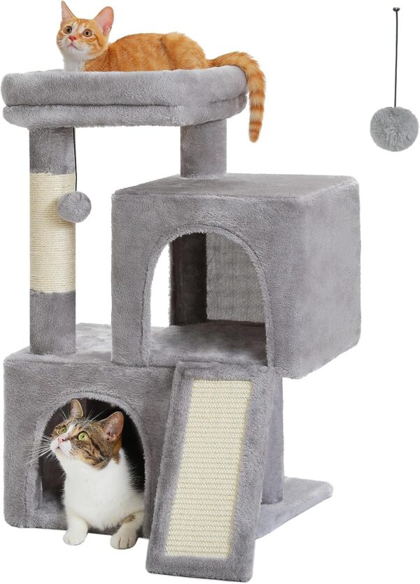 PAWZ Road Cat Tree, 30 Inches Cat Tower with Dual Condos for Indoor Cats, Plush Cat House with Padded Perch, Scratching Ramp and Posts and Replaceable Balls-Gray