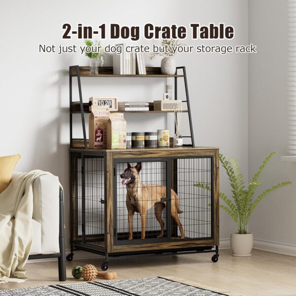 Dog Crate Furniture Table, 37.9 Inch Dog Kennel with Shelves and Removable Tray, Double Doors Heavy Duty Dog Cage, Indoor Wooden Pet Crate with Wheels for Medium Large Dogs, Rustic Brown - Image 6