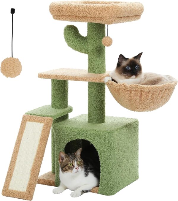 PETEPELA Cactus Cat Tree for Indoor Cats, 31.5'' Small Cat Tower Cat Condo with Sisal Scratching Ramp, Cozy Hammock and Removable Top Bed Perch for Kittens, Green