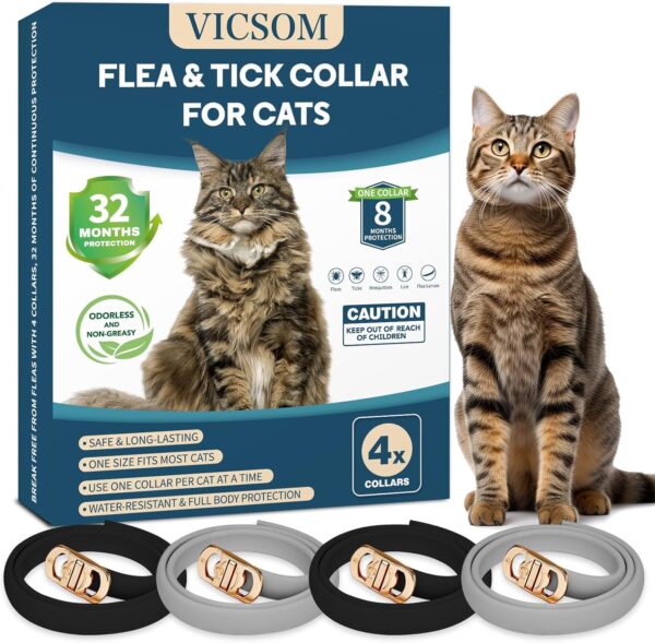 4 Pack Flea Collar for Cats, Cat Flea and Tick Collar 32 Months Cat Flea and Tick Treatment Collar, Waterproof Adjustable Cats Kitten Flea Collar, Tick and Flea Prevention Collar for Cat, Black Grey