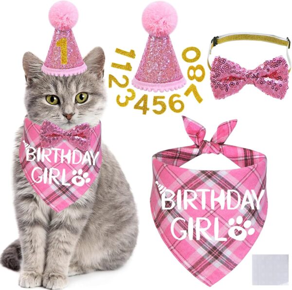 STMK Cat Birthday Party Supplies, Cat Birthday Hat with Birthday Number Cat Birthday Bandana Girl Bow Tie Collar Cat Birthday Outfits for Cat Kitten Birthday Decorations