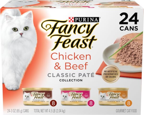 Purina Fancy Feast Chicken and Beef Classic Pate Collection Grain Free Wet Cat Food Variety Pack - (Pack of 24) 3 Oz. Pull-Top Cans