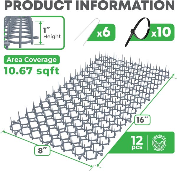 12 Pack Scat Mat for Cats - 16 x 8 Inch Cat Deterrent Mat with Spikes with 1 Inch Spikes, 6 Garden Staples & 10 Zip Ties. Pet Training Mat for Cat Repellent Indoor & Outdoor - Image 2