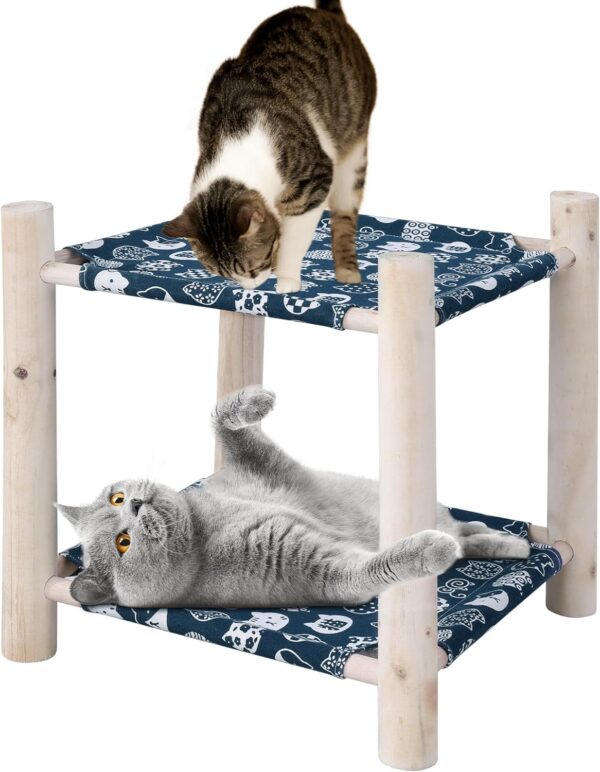 Elevated Cat Beds for Indoor Cats,Wooden Double-Deck Cat Hammock Bunk Bed for 2 Cats,Raised Cat Furniture Pet Bed Puppy Bed for Small Animals（Blue）