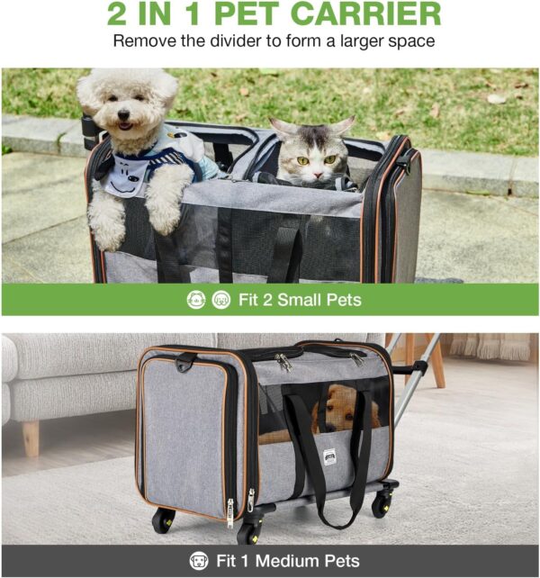 Lekereise Cat Dog Carrier with Wheels for 2 Cats, Expandable Double Cat Carrier with Wheels, Large Rolling Pet Carrier for 1 Large Cat/Dog or 2 Medium Cats, Wheeled Pet Carrier with Telescopic Handle - Image 2