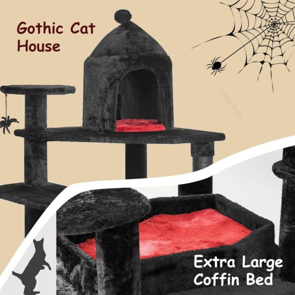 BEWISHOME Gothic Cat Tree with Coffin Bed, Cat Tower for Indoor Cats with Spacious Cat Condo, Sisal Scratching Ramp, Cozy Basket Black Cat House Halloween Pet Furniture Cat Activities Center MMJ92R - Image 3